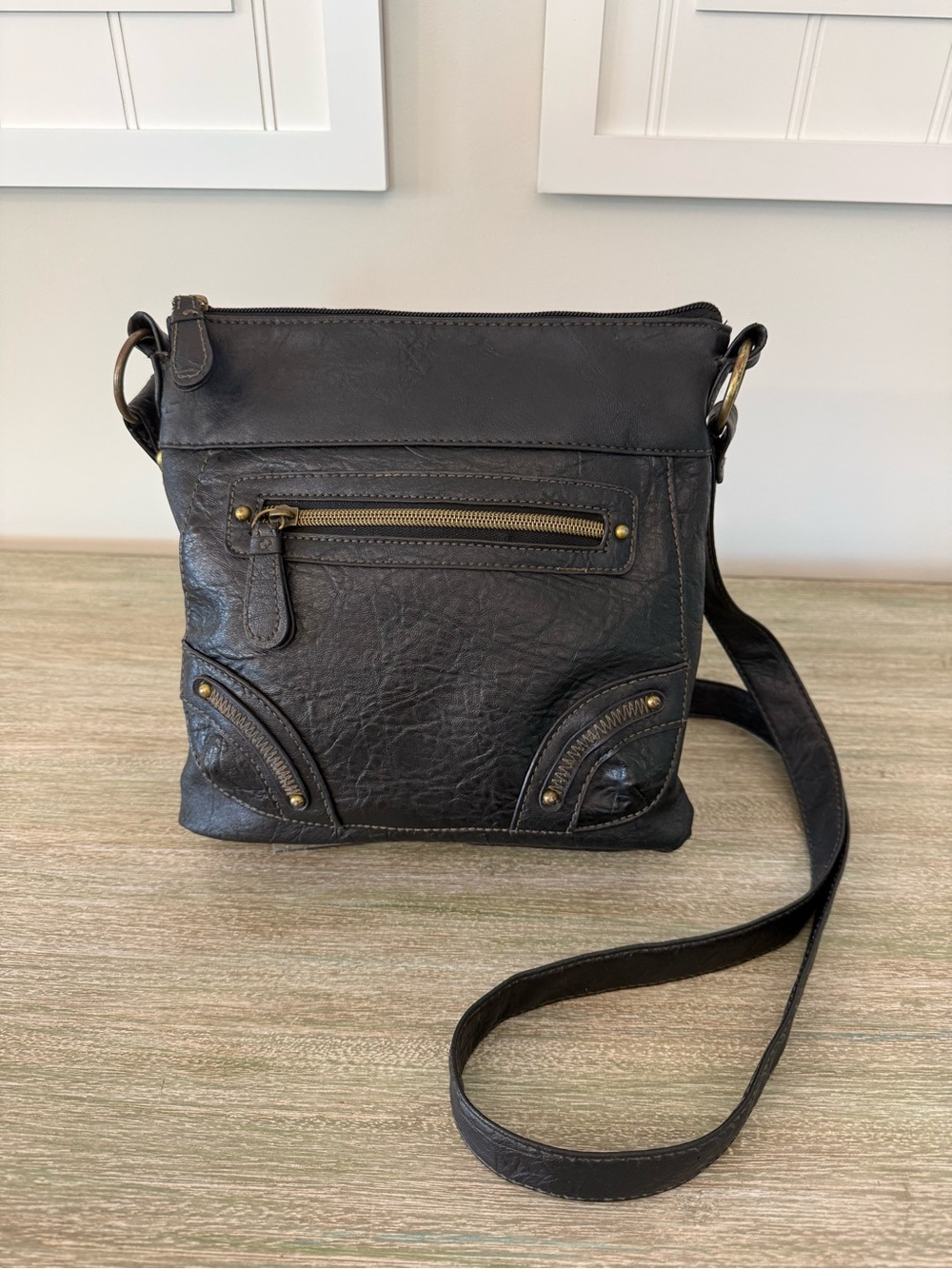 Black Faux Leather Crossbody Bag Moto Punk Grunge Goth Utility Purse - Picture 1 of 10